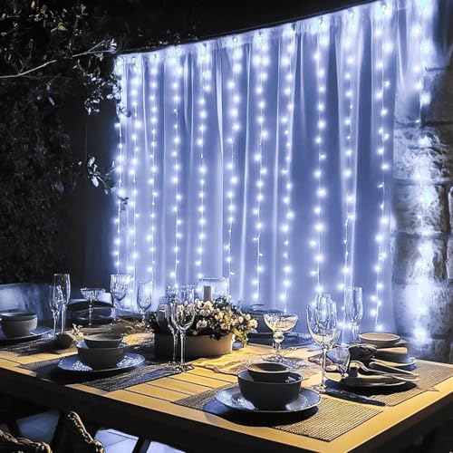 Dazzle Bright 300 LED Curtain String Lights White, 8 Modes, Connectable IP44