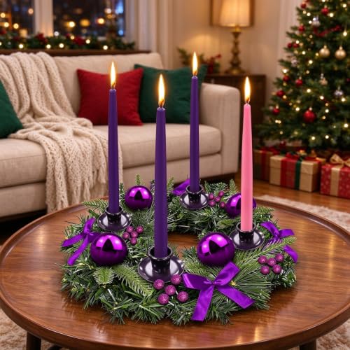 TURNMEON Ribbons Berry Balls 4-Candle Advent Wreath - Purple Fire-Retardant Centerpiece for Christmas Church Decor