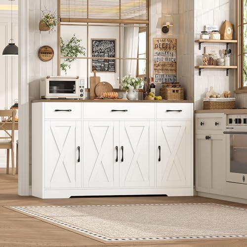 55" Farmhouse Kitchen Buffet Sideboard Cabinet with 3 Drawers & Doors