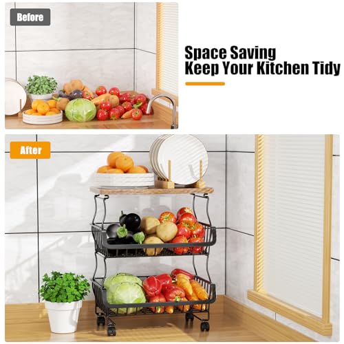 5-Tier Fruit and Vegetable Storage Basket Cart with Wheels & Wood Top