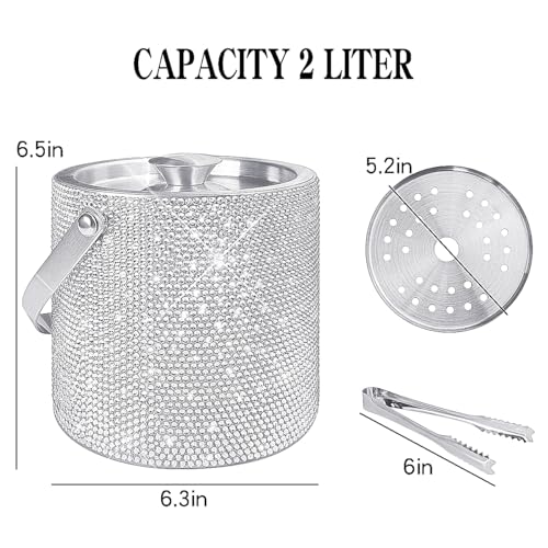 Bling Double Walled Stainless Steel Ice Bucket with Lid & Tongs - 2L Insulated Bar Cooler