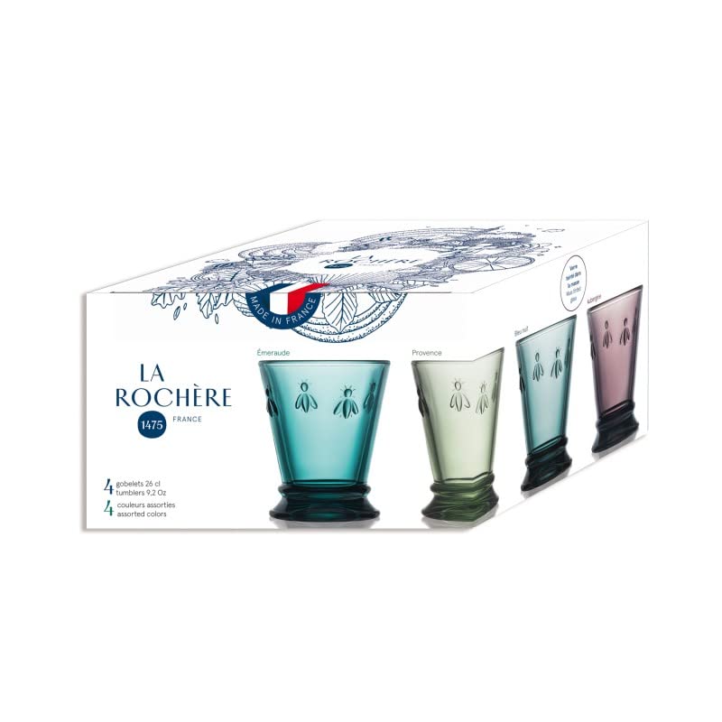 Set of 4 Bee Embossed Drinking Glasses, Multicolored Glassware
