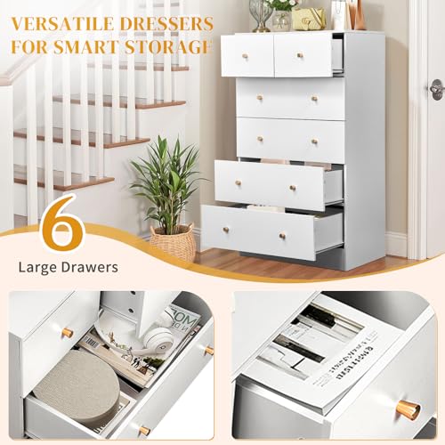 Modern 5-Drawer Wood Dresser with Rose Gold Handles for Bedroom Storage