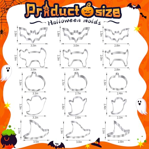 KULENAND Halloween Cookie Cutters Set 15 Pcs - Pumpkin Ghost Bat Cat Witch's Hat