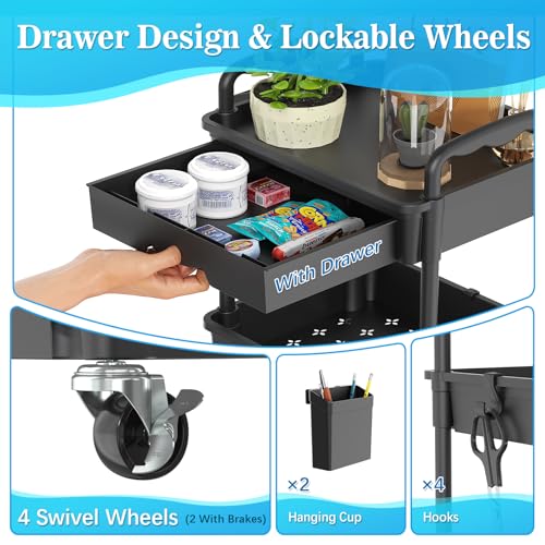 4-Tier Rolling Utility Cart with Drawer, Hooks & Lockable Wheels
