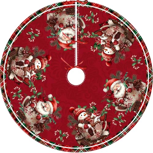 RABUSOFA 48-Inch Christmas Tree Skirt Snowman Santa Decoration (Red) for Home