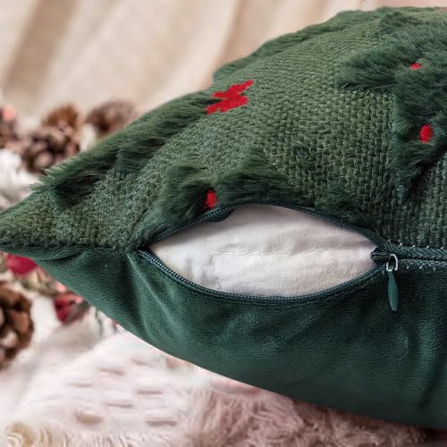 Christmas Pillow Covers 18x18 inch Set of 2 Christmas Decorations Red Bows Xmas Tree Throw Pillow Cases Soft Plush Faux Fur Wool Pillow Covers Winter Holiday Decor for Sofa Living Room