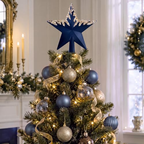 Blueweenly Navy Blue Christmas Star Tree Topper with Glitter Sequin Drip, 8 Inch