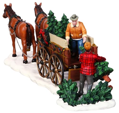 Christmas Village Tree Wagon Figurine Set of 2 - Polyresin Table Accent