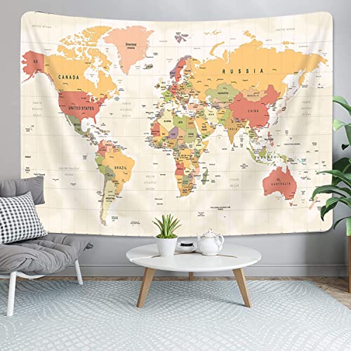 Topographic World Map Tapestry - Beige Fabric Wall Hanging (40x30 in)