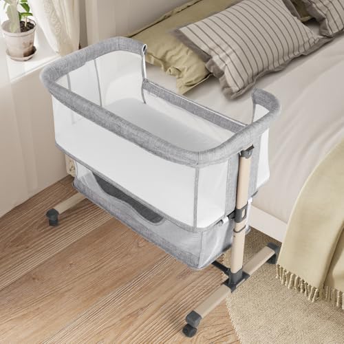 Adjustable Bedside Bassinet Sleeper with Breathable Mesh, Wheels & Storage