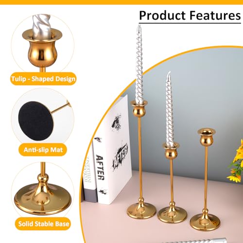 Pusenlan Tall Gold Taper Candle Holders Set of 6 | Vintage Metal Candelabra for Holidays & Weddings