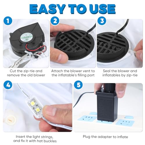 OHMANHE Replacement 2.5A Air Blower Kit for Inflatables with 10-LED Light, 3.0A Transformer | Black XL