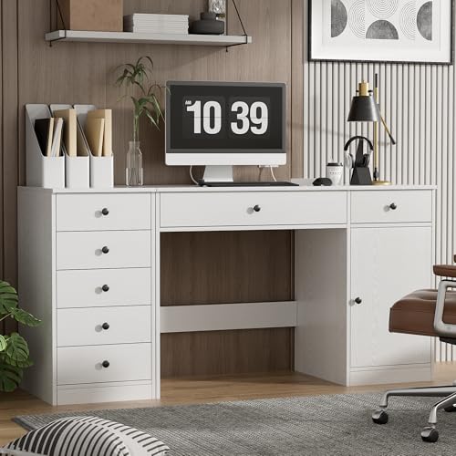 Home Office Desk and 5-Drawer Storage Cabinet Set, White Computer Workstation
