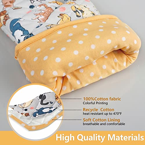 Extra-Long Cotton Oven Mitts, Heat Resistant Cat Print Kitchen Gloves