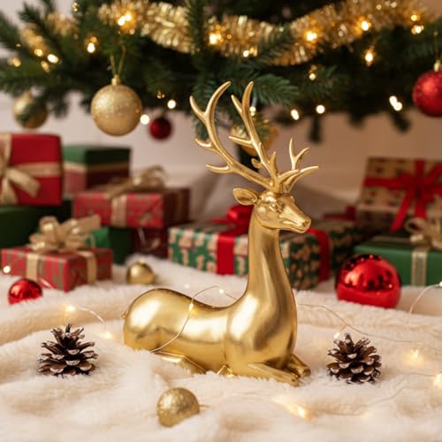 Ferrisland Gold Sitting Reindeer Figurine 14.96in Resin Christmas Decor