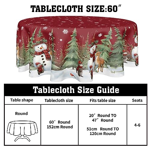 Sweetshow Dark Red 60-Inch Round Christmas Tablecloth Snowman Snowflake Holiday Decor