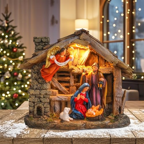 Resin Nativity Set with LED Lights & Music - Tabletop Manger Figurine