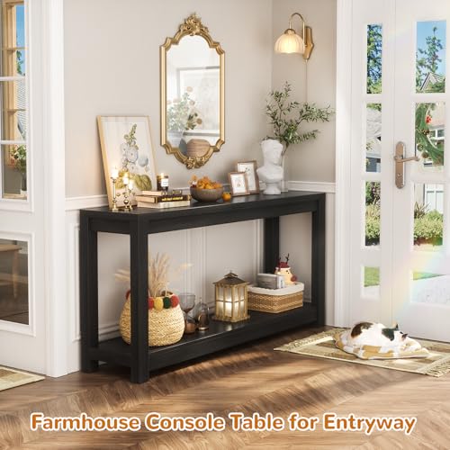 47-Inch Farmhouse Narrow Console Table with Storage Shelves, Black