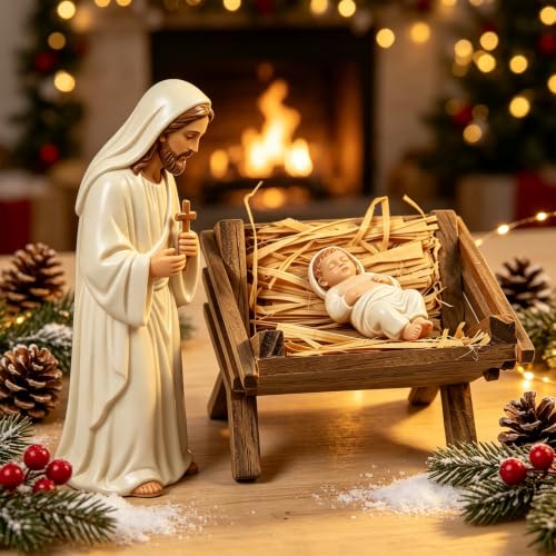 Fangoo 4 Inch Wooden Nativity Manger with Hay - Religious Christmas Decor