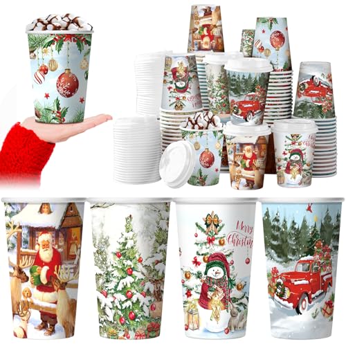 Gerrii 100-Piece Christmas Paper Cups 12 oz with Lids - Vintage Rural Style
