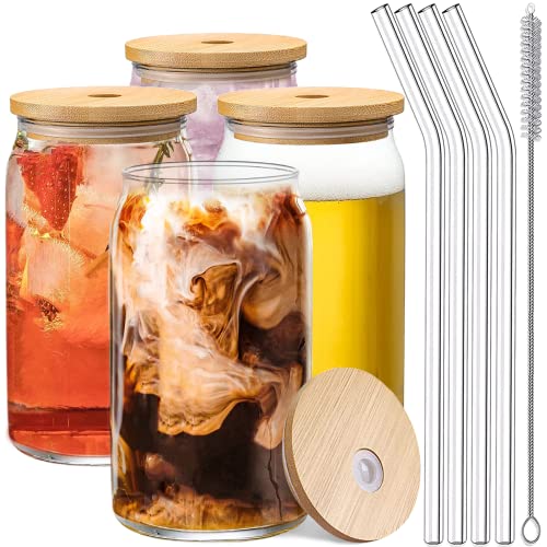 16oz Glass Can Set with Bamboo Lids and Straws - 4 Piece Iced Coffee Cup Kit
