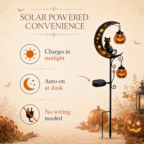 Solar Halloween Black Cat and Pumpkin Moon Garden Stake Light
