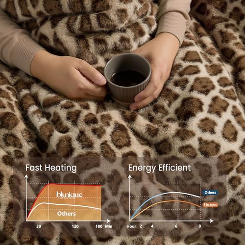 Heated Faux Fur Throw Blanket - Leopard Print, 6 Heating Levels, 50"x60"