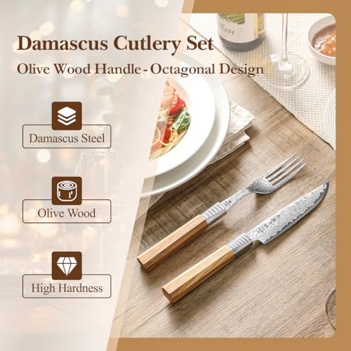 HEZHEN 5.3" Damascus Steel Steak Knife Set with Fork & Olive Wood Handle