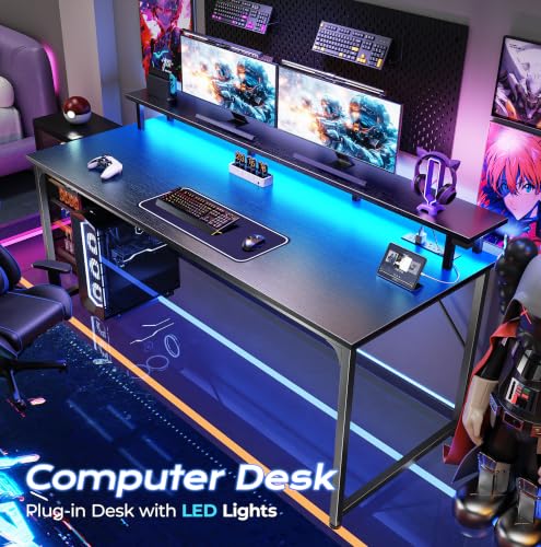55-Inch Gaming Desk with LED Lights, Power Outlets and Monitor Stand