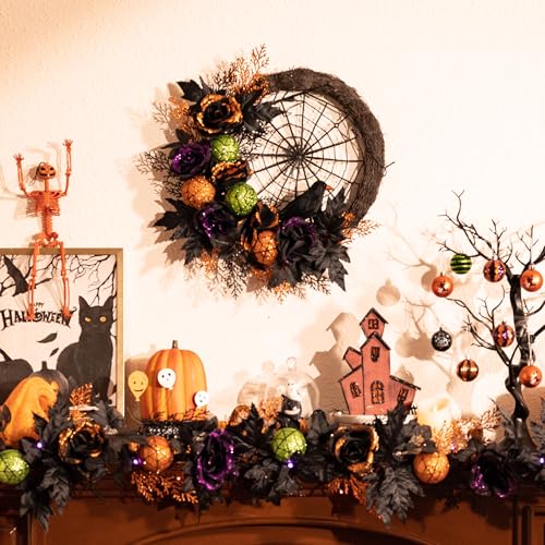 24-Inch Pre-Lit Halloween Wreath with LED Lights and Timer for Front Door