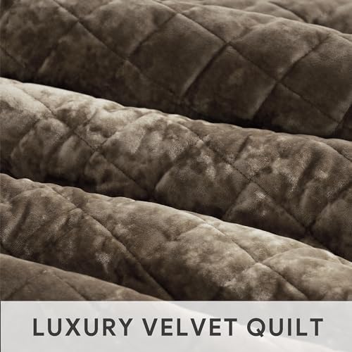 RECYCO King Size Velvet Quilt Set - Mocha Brown Bedspread Coverlet with 2 Shams
