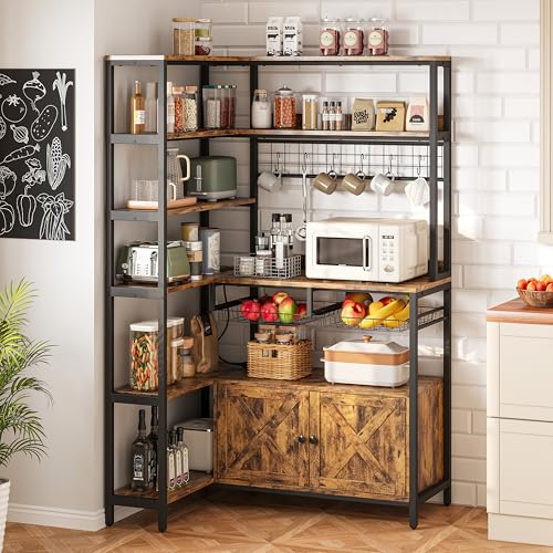6-Tier Corner Bakers Rack with Power Outlet and Storage Cabinet