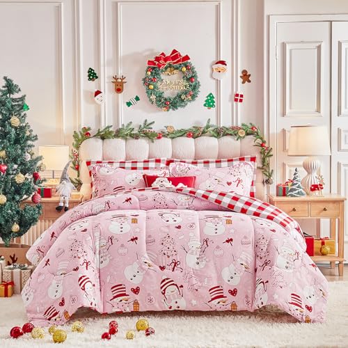 UOZZI Bedding Christmas Queen Comforter Set 7pc – Pink Snowman, Red Plaid, 12in Fitted Sheet
