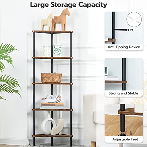 5-Tier Industrial Corner Bookshelf, Rustic Brown Metal Storage Display Stand