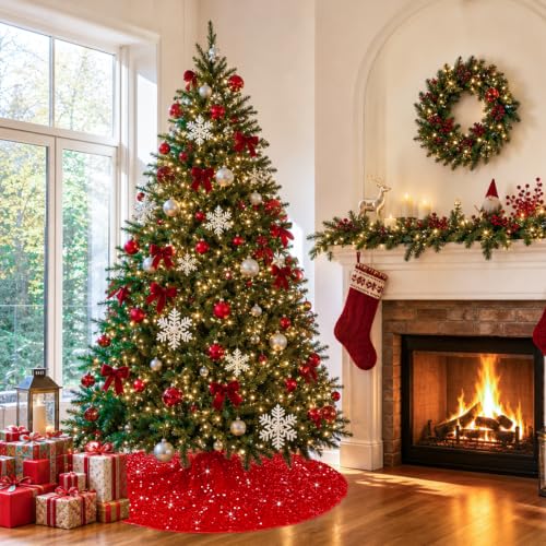 PATYDEST Red 36 Inch Velvet Christmas Tree Skirt with Sequin Embellishments