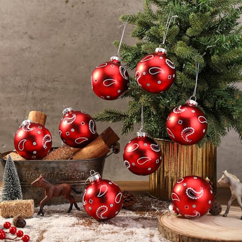 Soulchen 8 Pcs Red Glass Western Christmas Ornaments – Paisley Bandana Theme