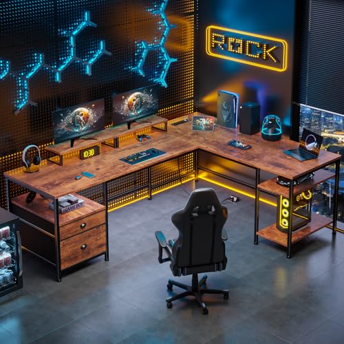 66-Inch L-Shaped Computer Desk with Power Outlet, File Drawer and Monitor Stands