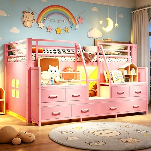 Twin Low Loft Bed with 8 Drawers, Storage Shelves and LED Lights