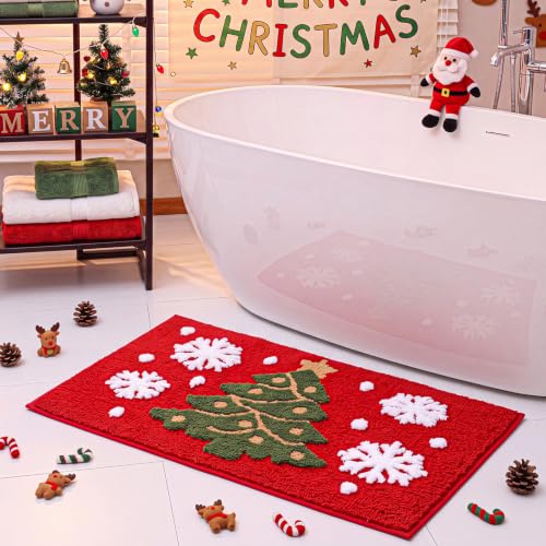 Lyrow Red 3D Christmas Bathroom Rug with Plush Tree Snowflake 31x20 inches