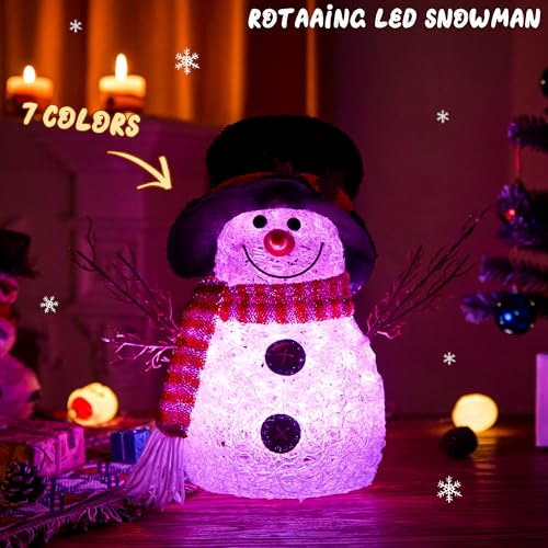 ELAMAS Snowman Christmas Decor with Top Hat, 7 LED Color-Changing Lights, 13.7in Acrylic Tabletop Holiday Figurine