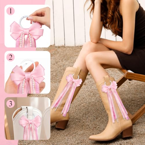 Pink Cowgirl Boot Bows with Pearls - Western Accessories (2 Pack)
