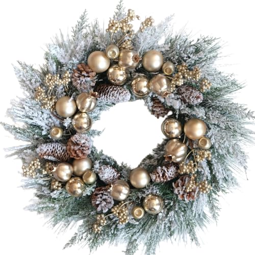 CIR OASES 24 Inch Artificial Christmas Wreath with Pine Needles & Gold Accents