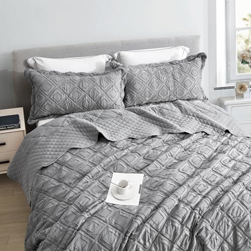 Oversized King Bedspread Set, Grey Diamond Tufted Coverlet