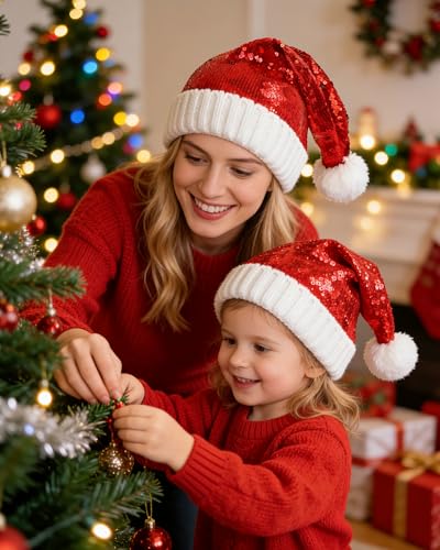 Baby Knit Santa Hat with Sequins and Pom Pom - Christmas Toddler Hat for 0-4 Years