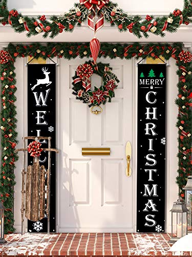 Boao Christmas Porch Banner - Welcome Snowflake Deer Tree Signs, 2 Pack