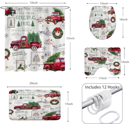 Christmas Red Truck Bathroom Set with Shower Curtain and Rugs - Holiday Decor, 72x72 (Variation: Christmas-6)