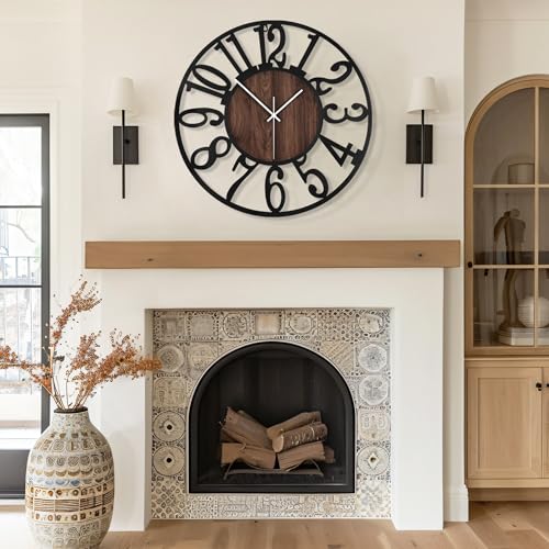 13-Inch Silent Round Wall Clock, Modern Black Metal and Wood Farmhouse Decor