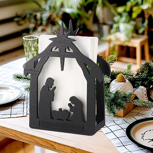 Barydat Christmas Nativity Napkin Holder – Wooden Tabletop Dispenser, Black (Nativity Style)