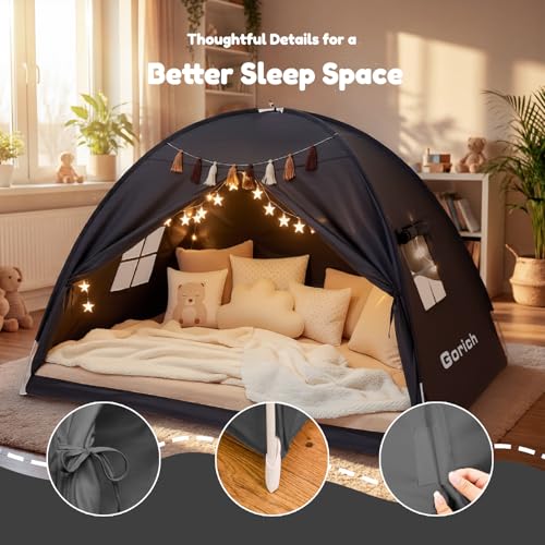 Kids Twin Bed Tent - Indoor Privacy Sleeping Canopy Playhouse with Lights